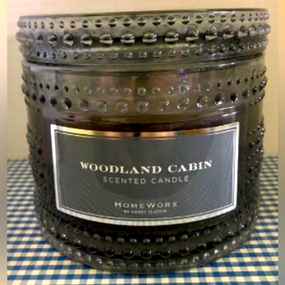 “WOODLAND CABIN” HOMEWORX BY HARRY SLATKIN CANDLE BEAUTIFUL GRAY HOBNAIL JAR NEW